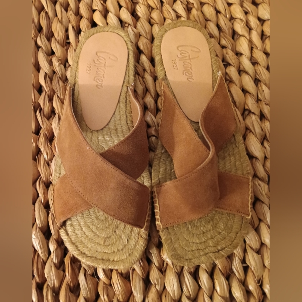 Cognac brown suede flat Castaner slides - Kristian Cuero style